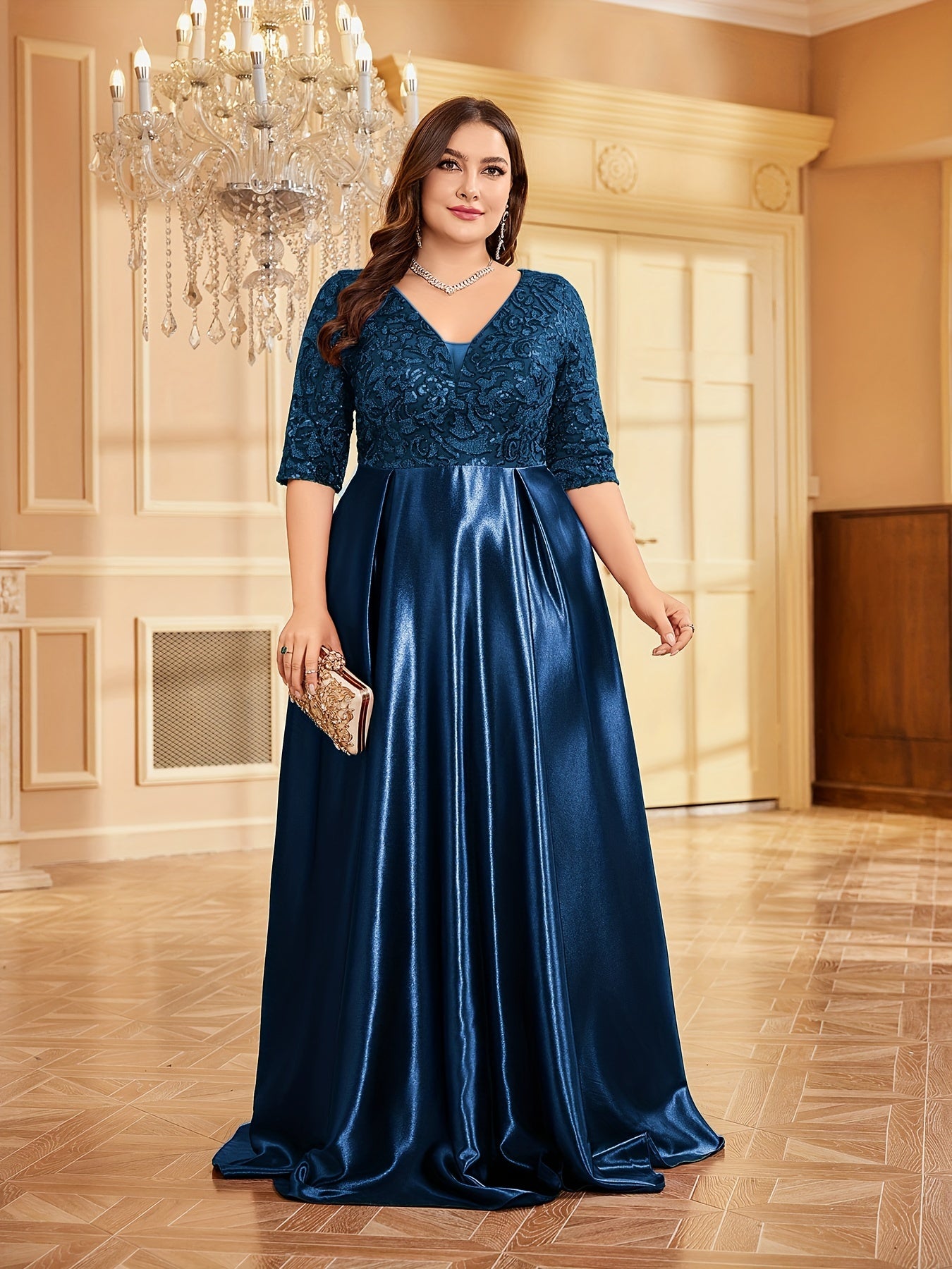 Elegant Navy Blue Sequin V-Neck Dress with Slim Fit Waist - Mid-Sleeve, A-Line Wedding & Banquet Gown, Polyester, Hand Washable