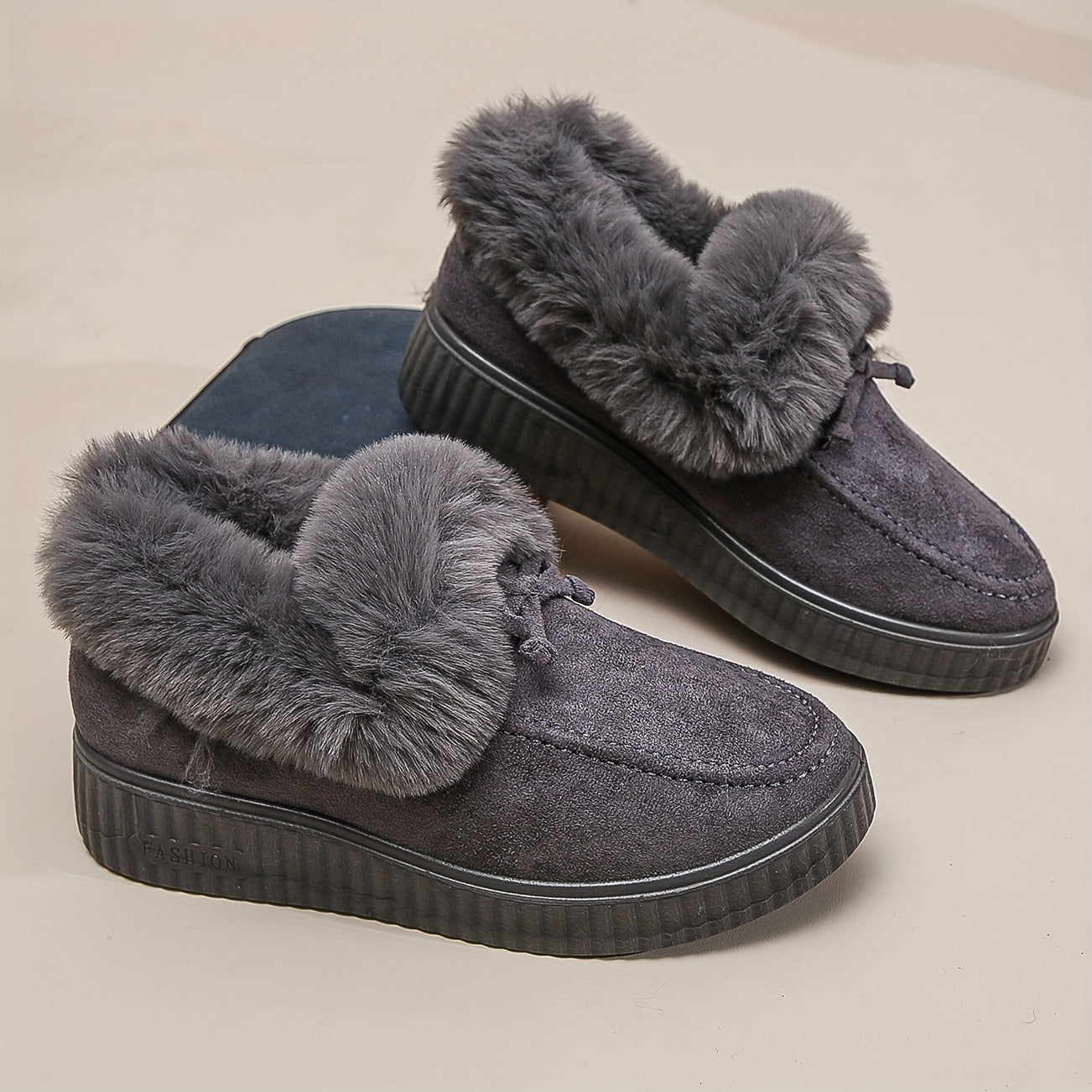Women's Solid Color Boots, Bowknot Decor Round Toe Non-slip Soft Thick Sole Fluffy Velvet Warm Boots, Winter Comfy Shoes