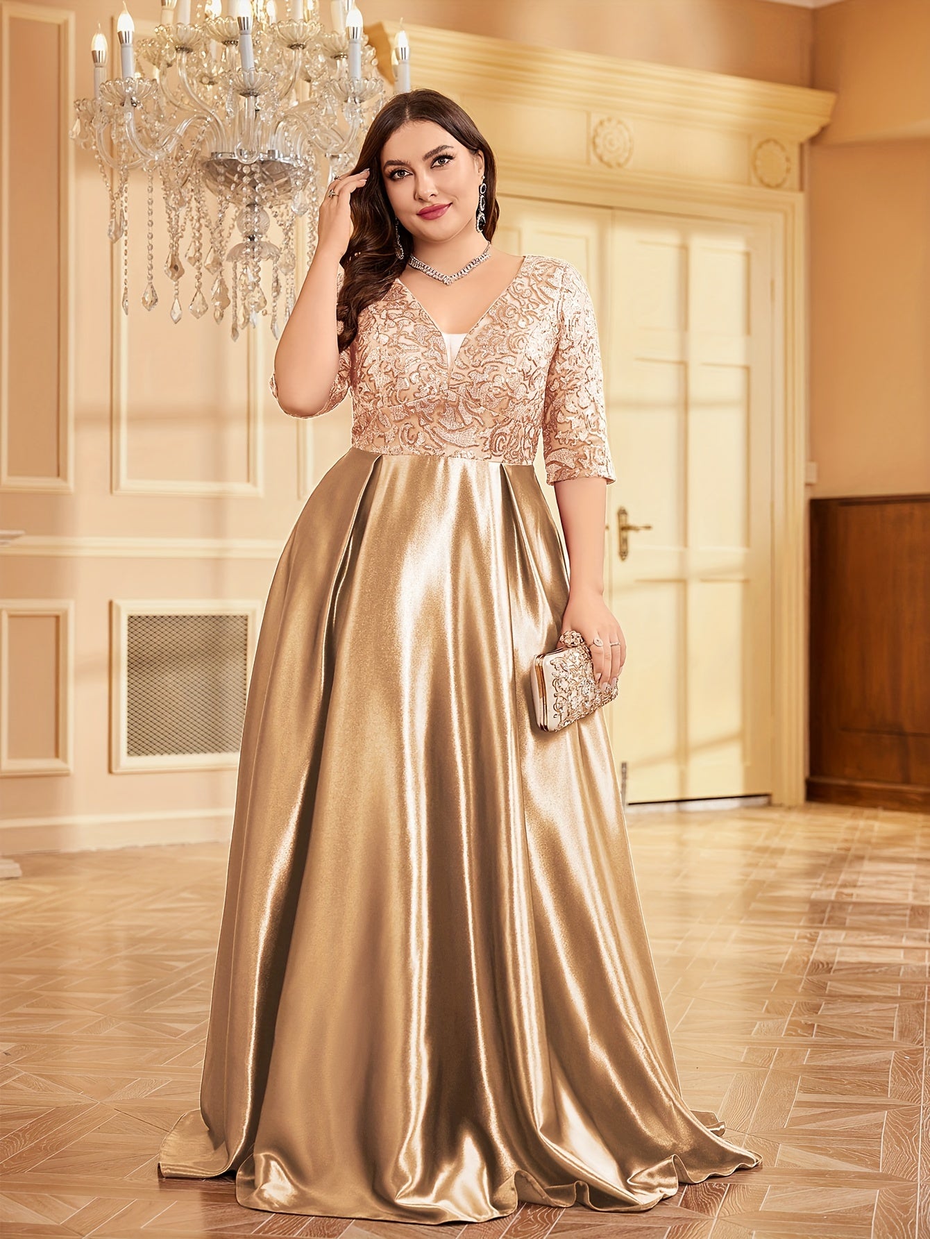 Elegant Navy Blue Sequin V-Neck Dress with Slim Fit Waist - Mid-Sleeve, A-Line Wedding & Banquet Gown, Polyester, Hand Washable