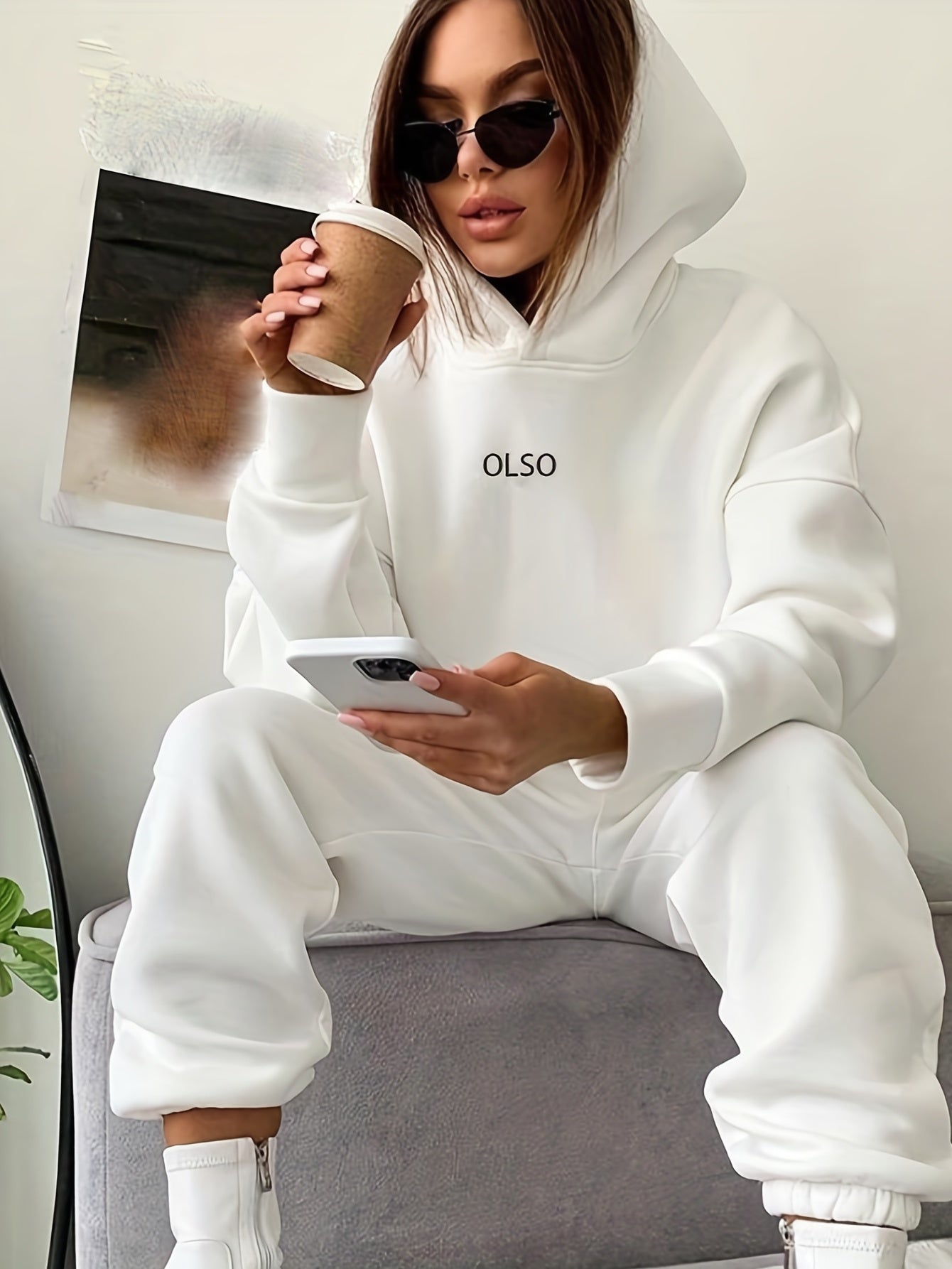 Casual Two-Piece Set - Letter Print Hooded Sweatshirt & Elastic Waist Sweatpants