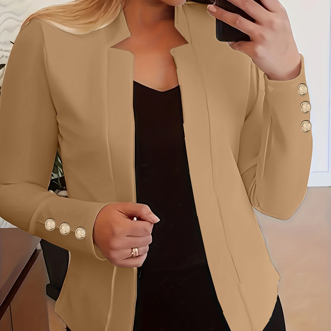 Solid Open Front Blazer, Casual Long Sleeve Button Blazer For Office & Work, Women's Clothing