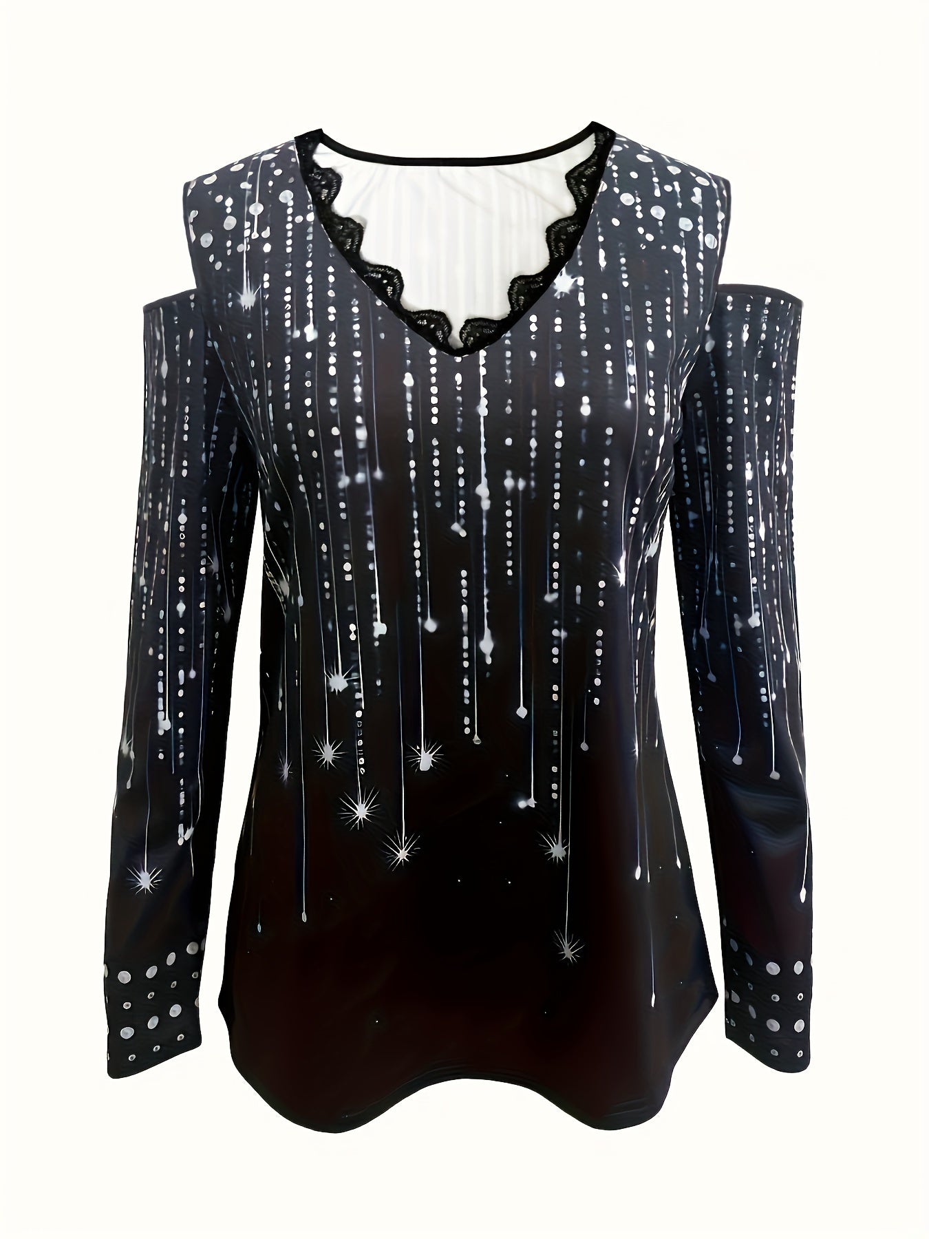 Camiseta com decote em V e acabamento em renda, blusa elegante com ombros descobertos para primavera e outono.