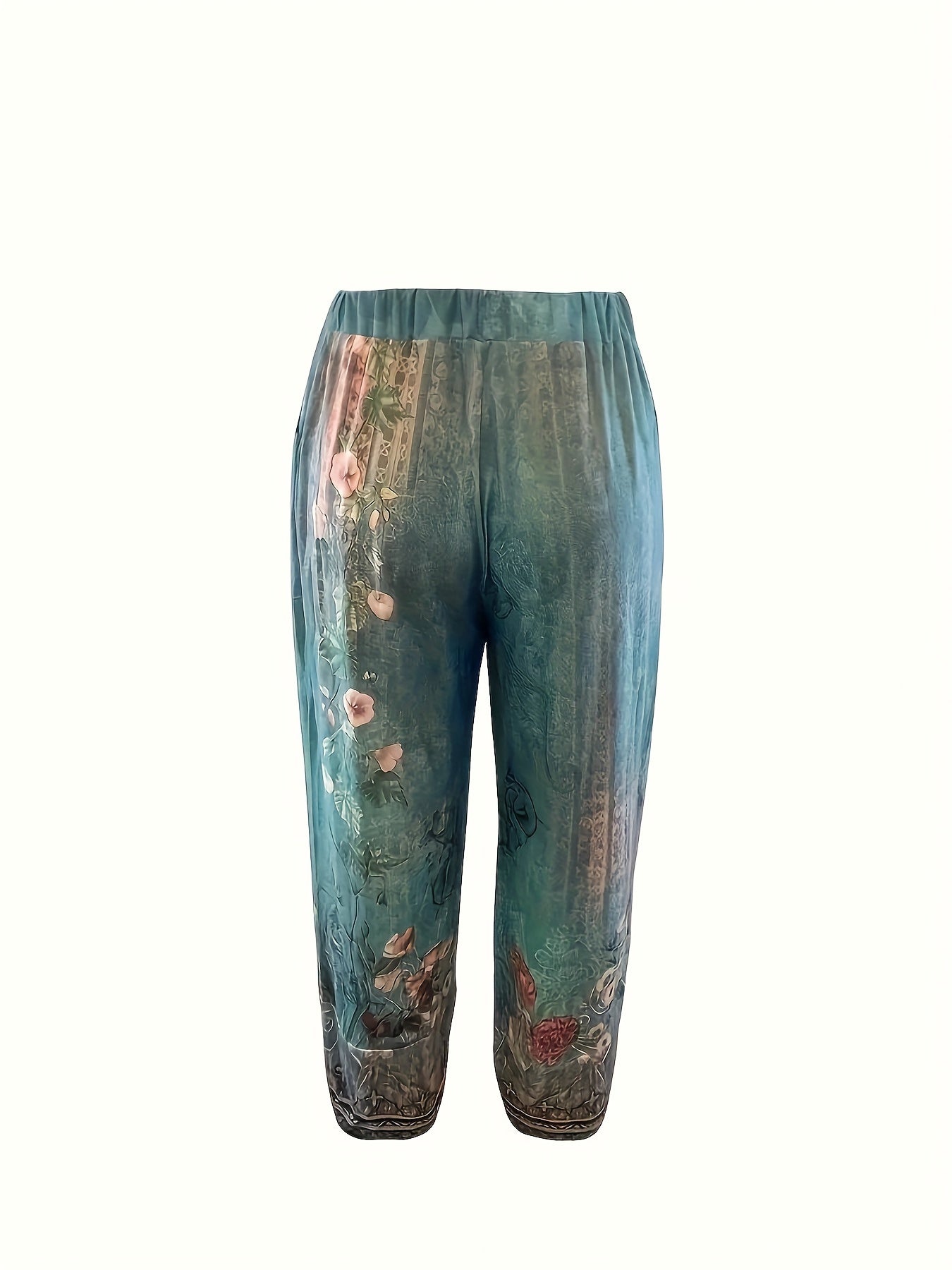 High Waist Floral Print Baggy Crop Pants, Casual Elastic Asymmetric Hem Slant Pockets Pants For Spring & Summer, Women's Clothing