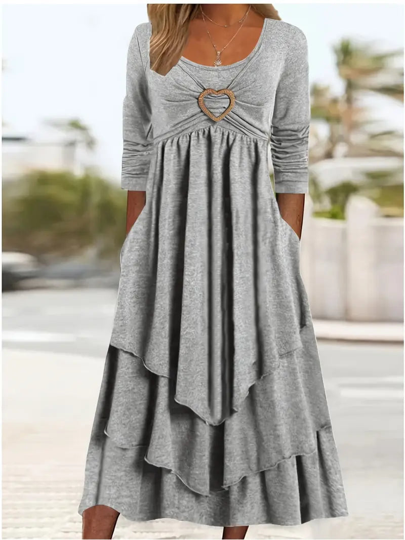 Heart Ring Decor Ruffle Layered Dress – Casual Crew Neck, Long Sleeve