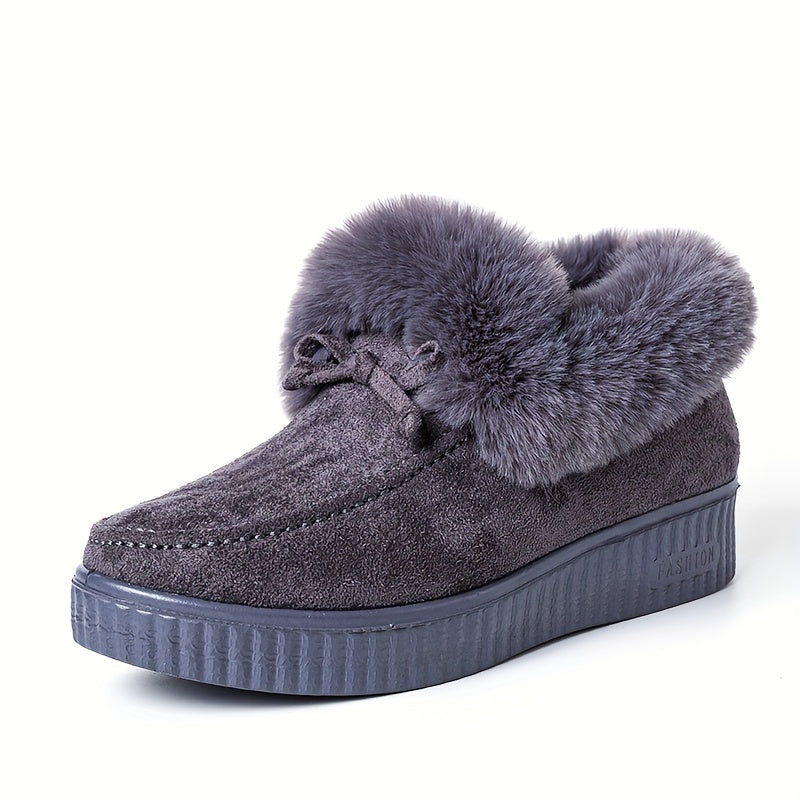 Women's Solid Color Boots, Bowknot Decor Round Toe Non-slip Soft Thick Sole Fluffy Velvet Warm Boots, Winter Comfy Shoes