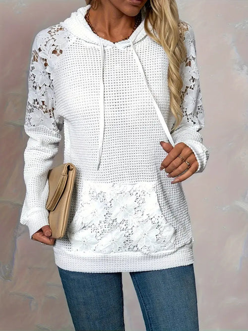 Moletom com capuz feminino chique com acabamento em renda branca – manga comprida casual, ombros raglan, malha waffle, lavável à máquina