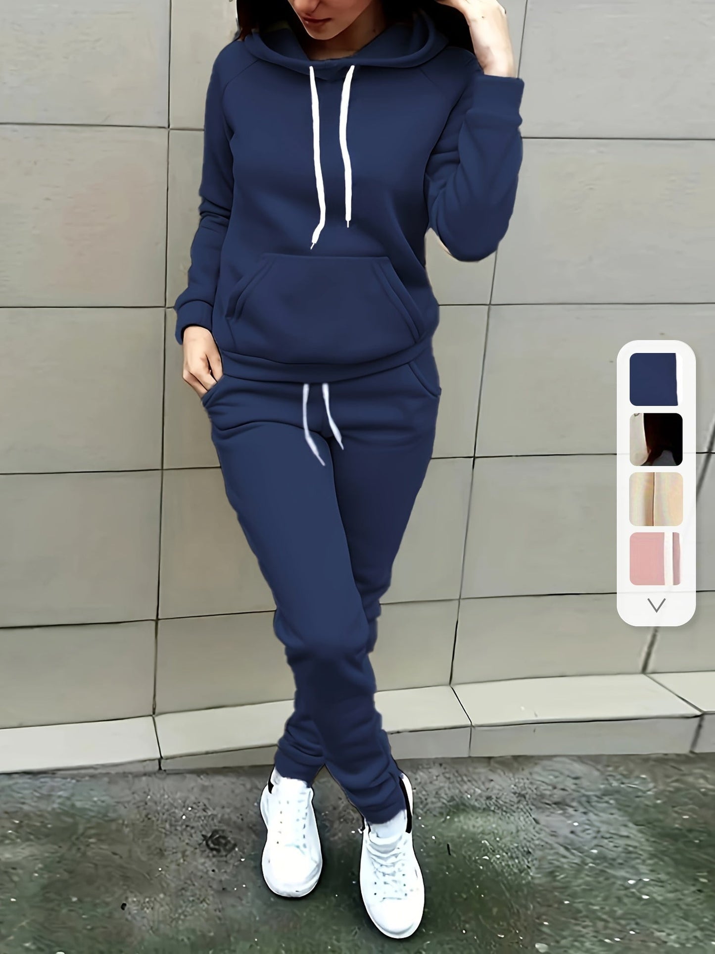 Solid Two-piece Set, Hoodie with Kangaroo Pocket & Drawstring Pants