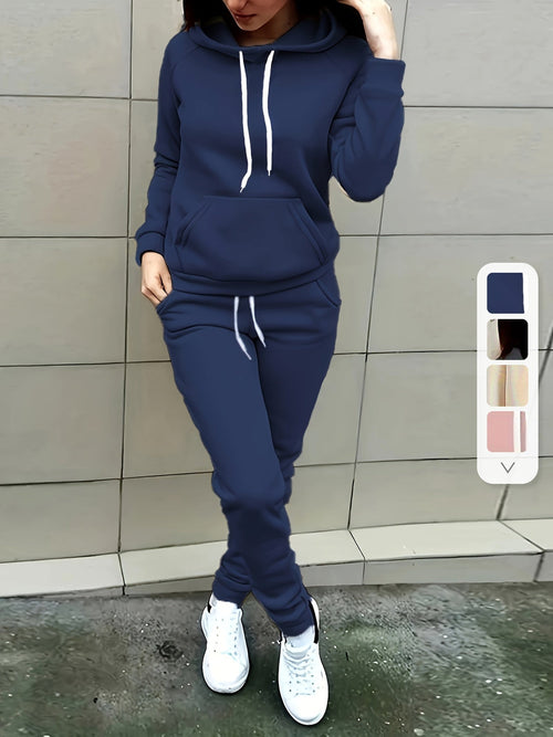 Solid Two-piece Set, Hoodie with Kangaroo Pocket & Drawstring Pants