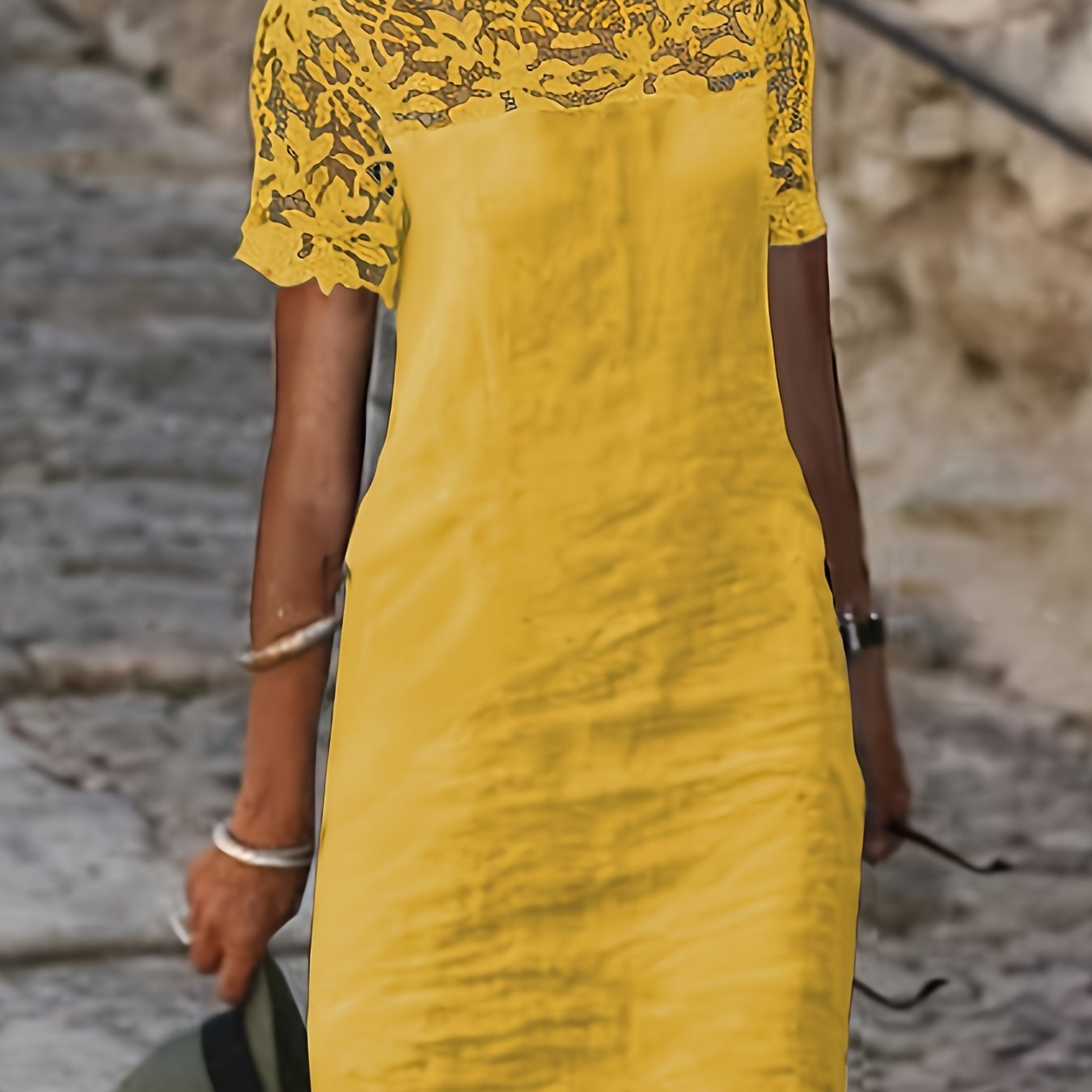 Vestido com renda sólida, manga curta elegante, perfeito para primavera e outono.