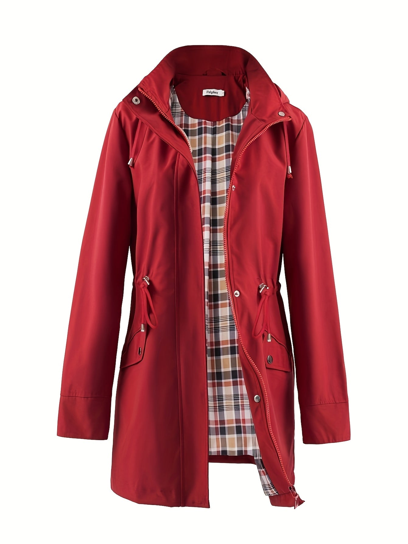 POLYDEER Women's Lightweight Waterproof Raincoat - Elegant Green Hooded Windbreaker with Plaid Lining, Adjustable Waist & 3 Pockets - Breathable, Zip-Up Casual Jacket for All Seasons