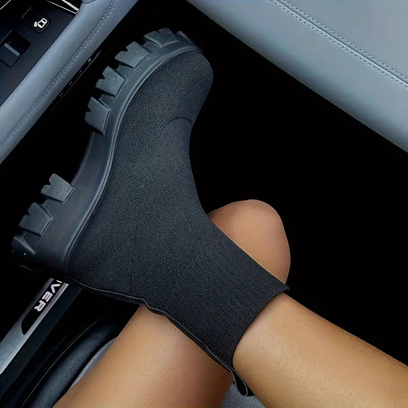 Kurze Stiefel mit dicker Sohle für Damen, gestrickte Sockenschuhe mit runder Spitze