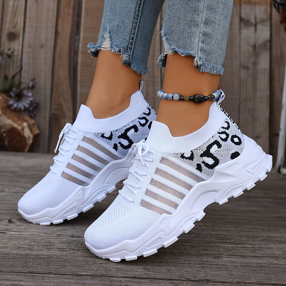 Women's Leopard Print Lace-up Running Shoes, Breathable Platform (Plus Size)