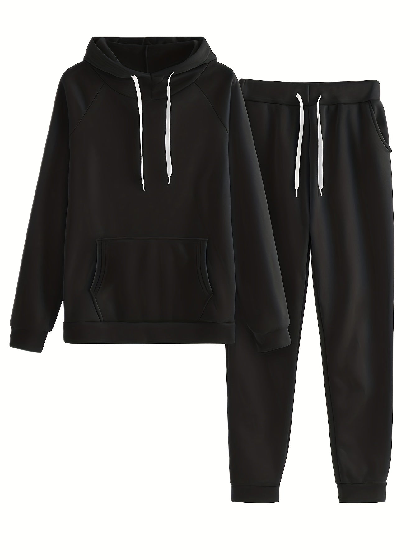 Solid Two-piece Set, Hoodie & Drawstring Pants
