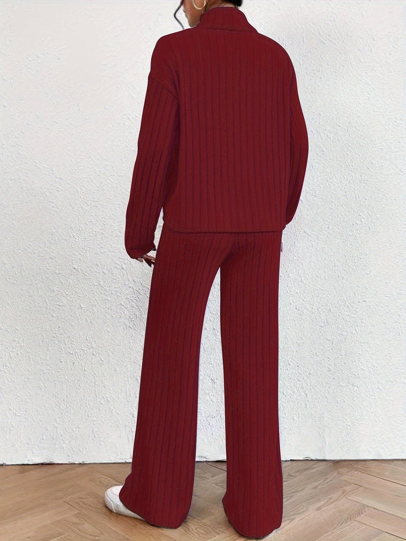 Solid Ribbed Two-piece Set, Mock Neck T-shirt & Wide Leg Pants