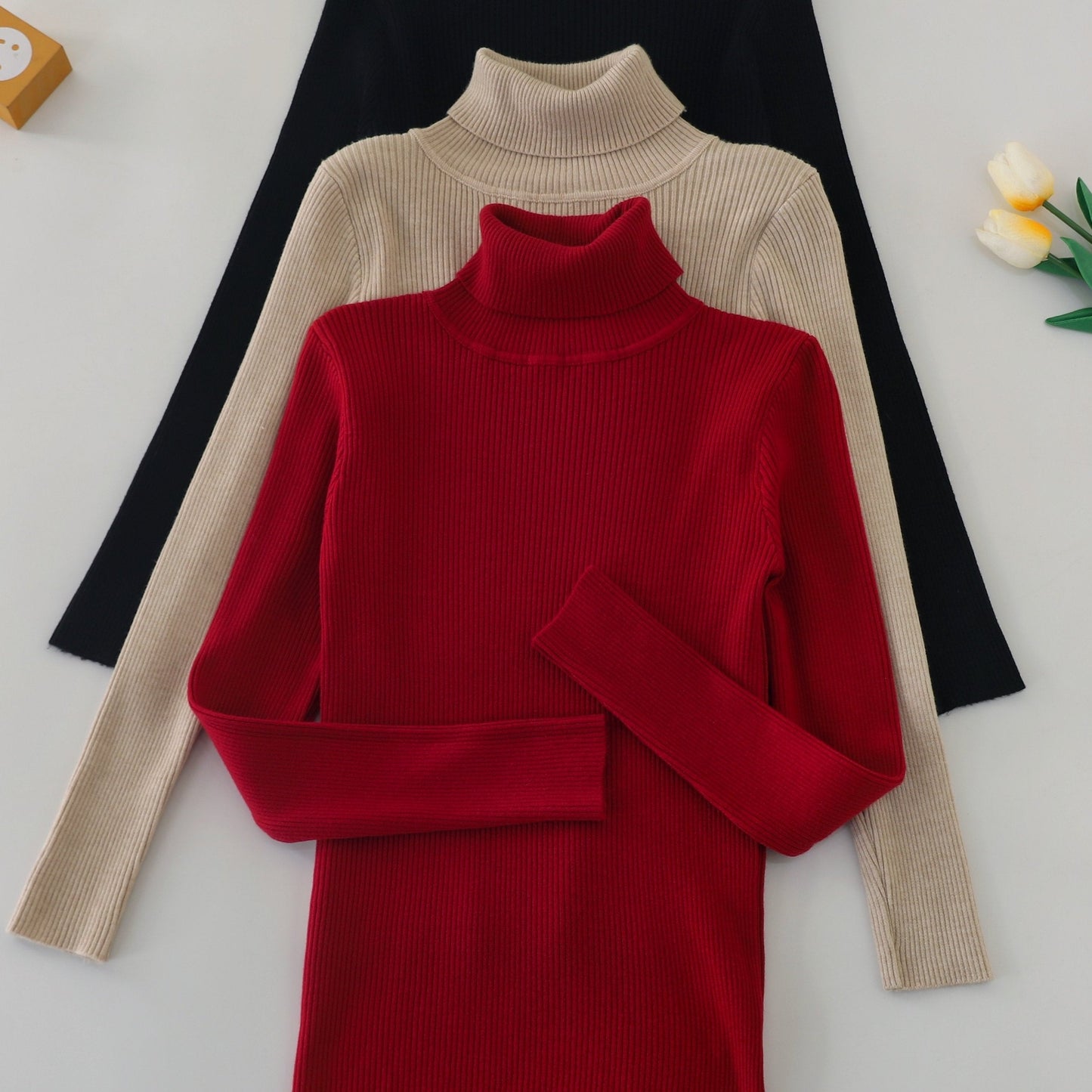 Turtleneck 3-Pack Sweaters - Casual Solid Color Long Sleeve for Fall & Winter