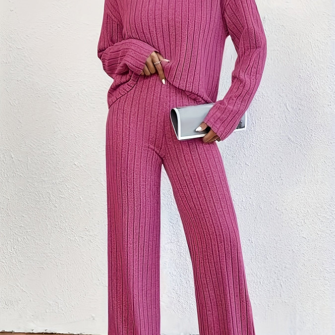 Solid Ribbed Two-piece Set, Mock Neck T-shirt & Wide Leg Pants