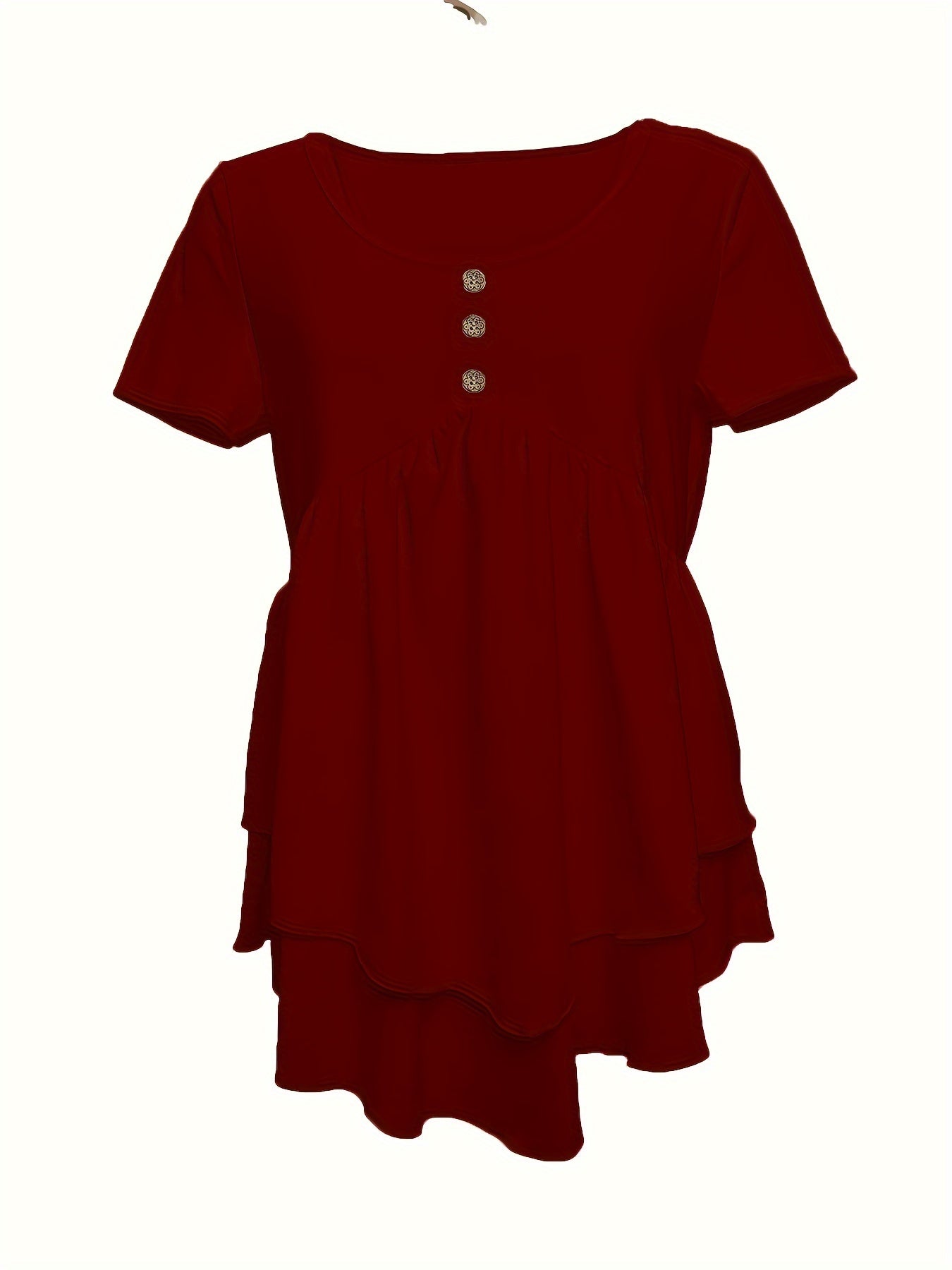 Camiseta de gola redonda de cor sólida, blusa flare com botões na frente e em camadas para primavera/verão.