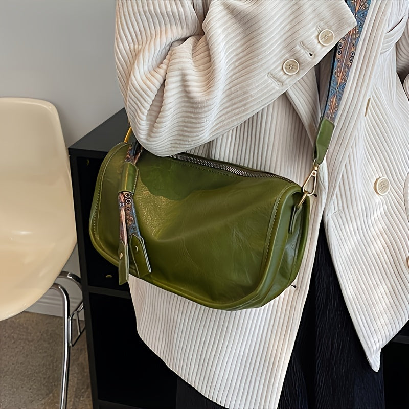 Bolsa tiracolo com zíper e estampa gráfica - estilosa, alça larga, grande capacidade