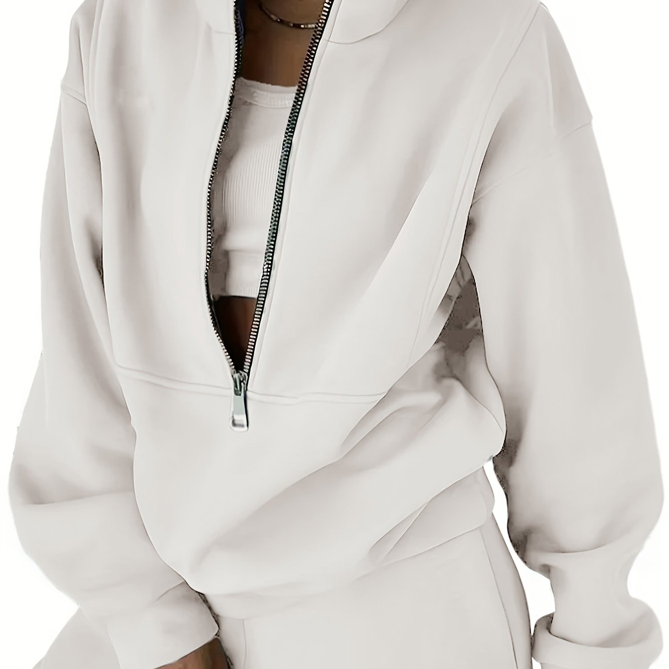 Solid Two-piece Set, Zip Front Sweatshirt & Elastic Waist Pants