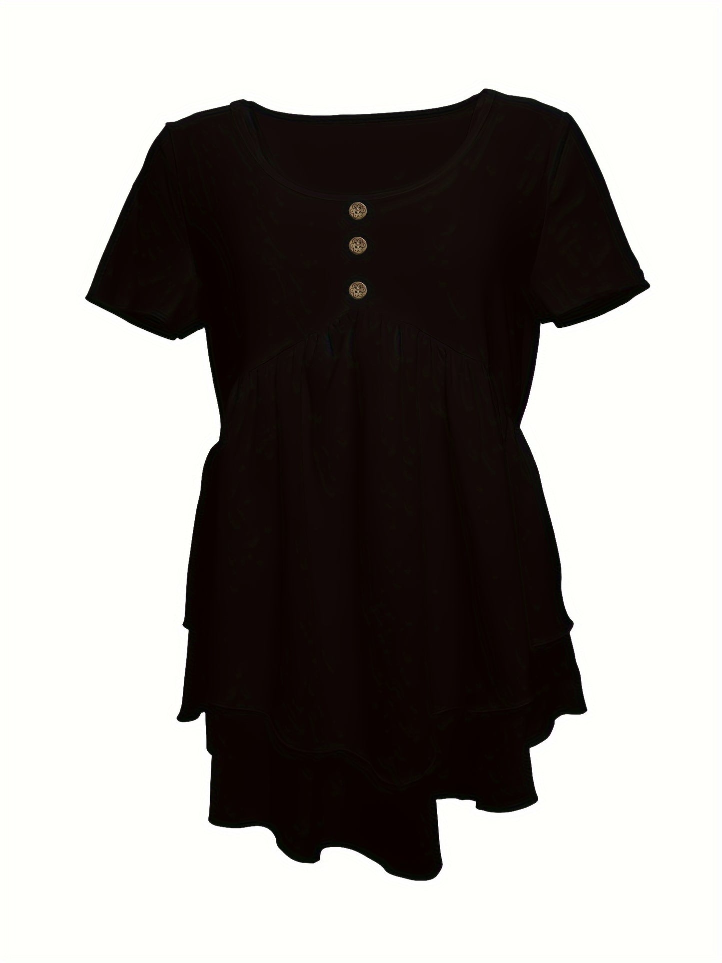 Camiseta de gola redonda de cor sólida, blusa flare com botões na frente e em camadas para primavera/verão.
