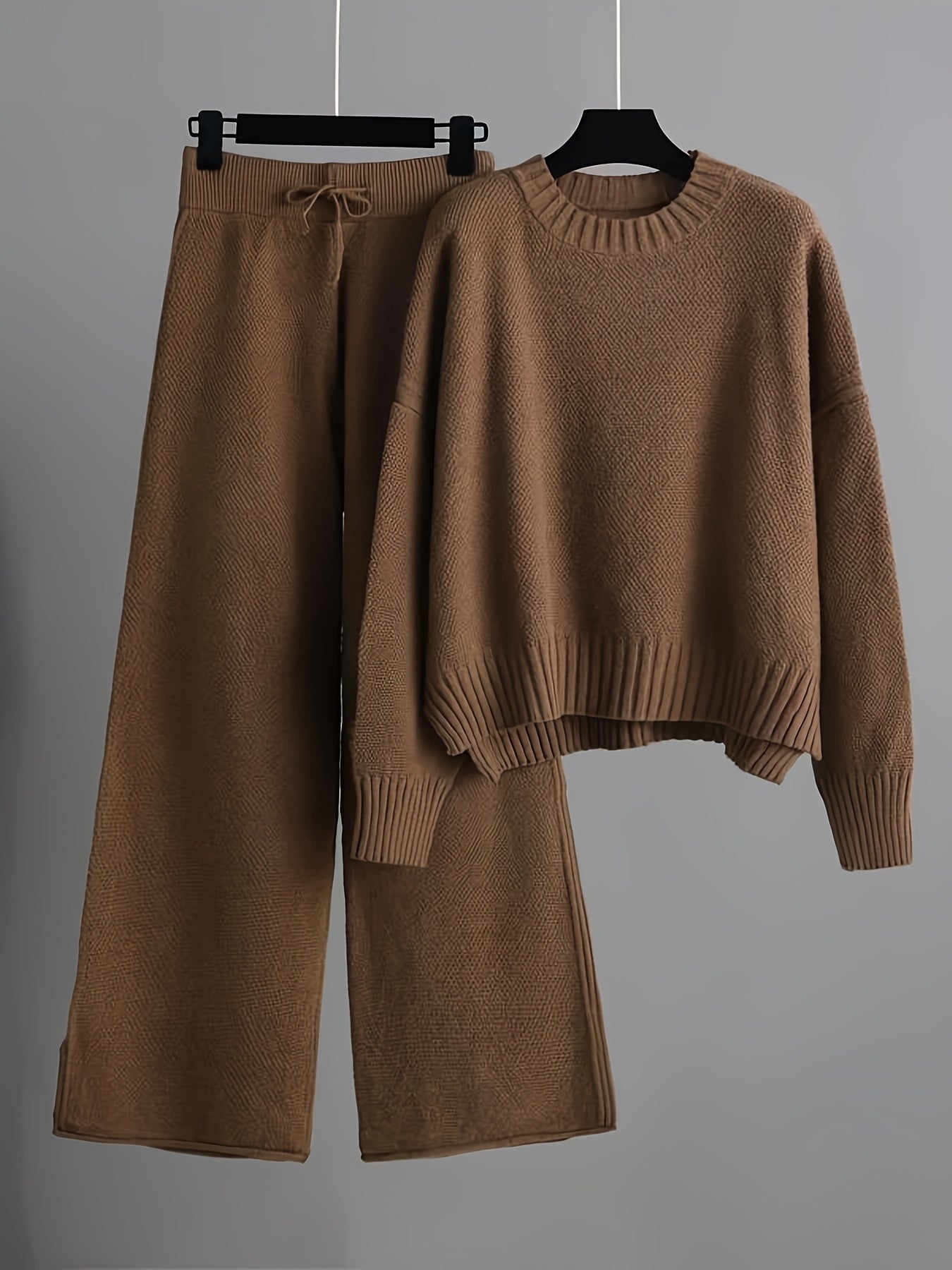 Damen-Set aus Strickpullover und Hose mit weitem Bein – lässig, langärmlig, einfarbig