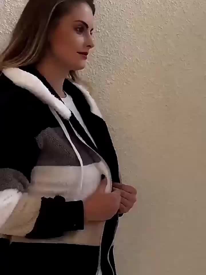 Color Block Fuzzy Hooded Coat, Casual Winter Outerwear.