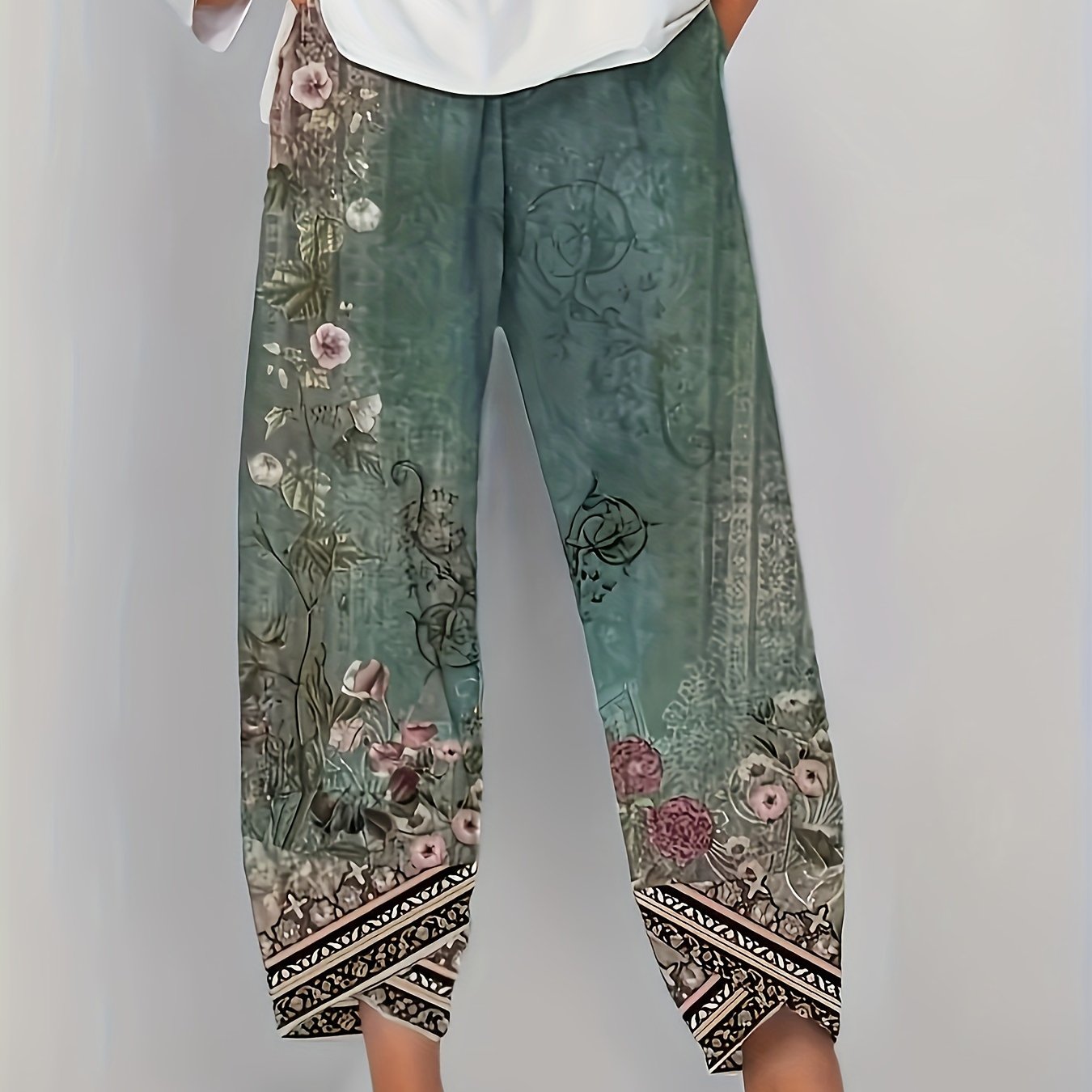High Waist Floral Print Baggy Crop Pants, Casual Elastic Asymmetric Hem Slant Pockets Pants For Spring & Summer, Women's Clothing
