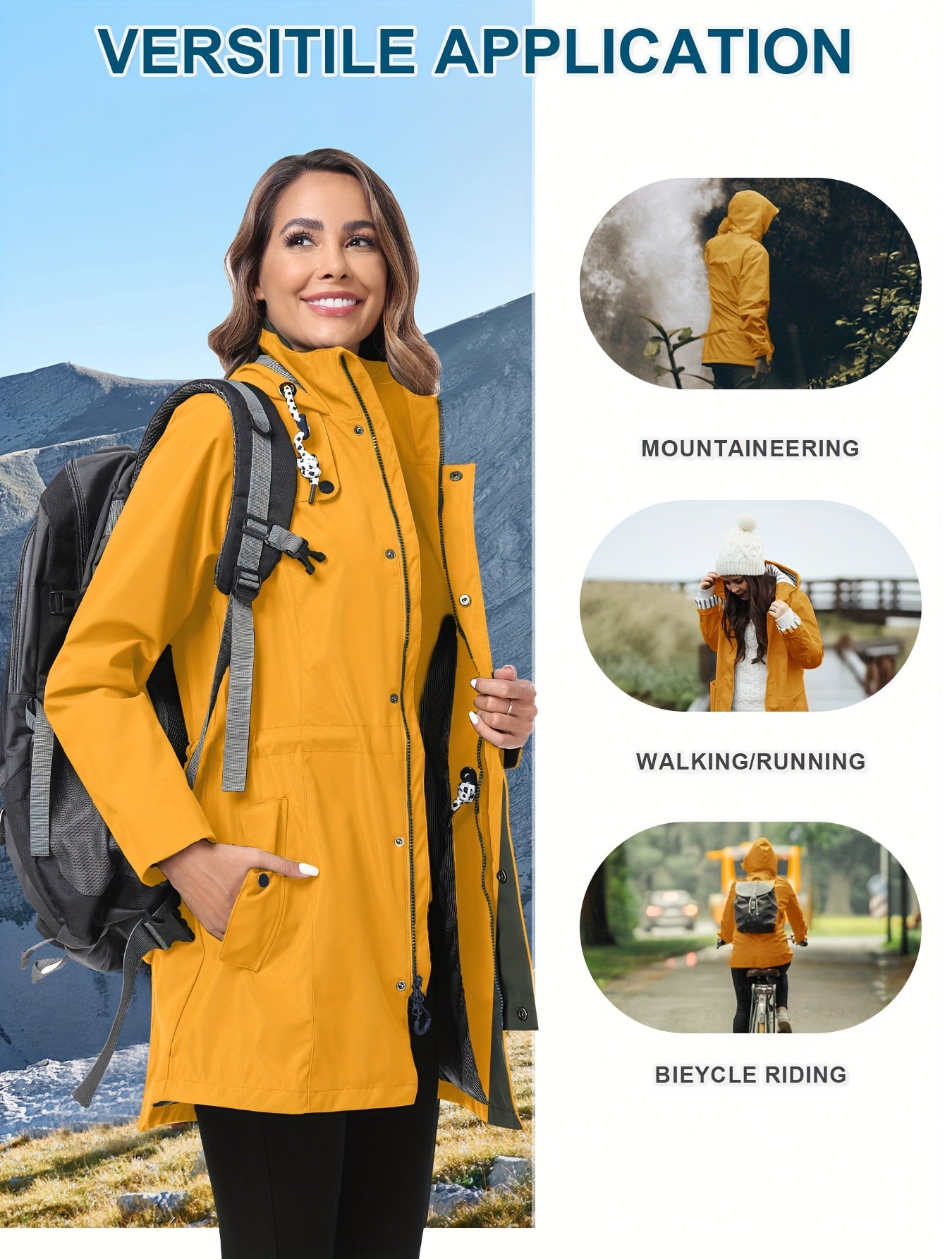 Rain Jacket Women'S Waterproof Hood Transition Jacket Long with Breathable Lining Trench Coat Windbreaker