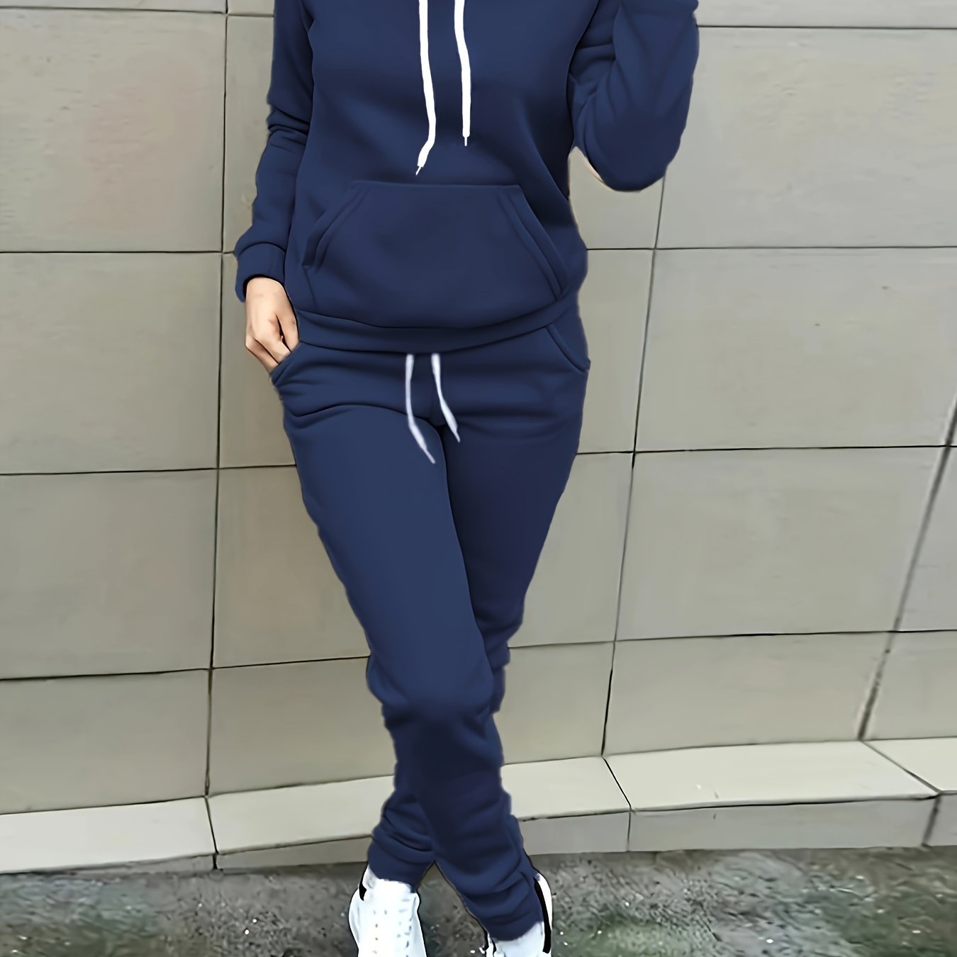 Solid Two-piece Set, Hoodie with Kangaroo Pocket & Drawstring Pants