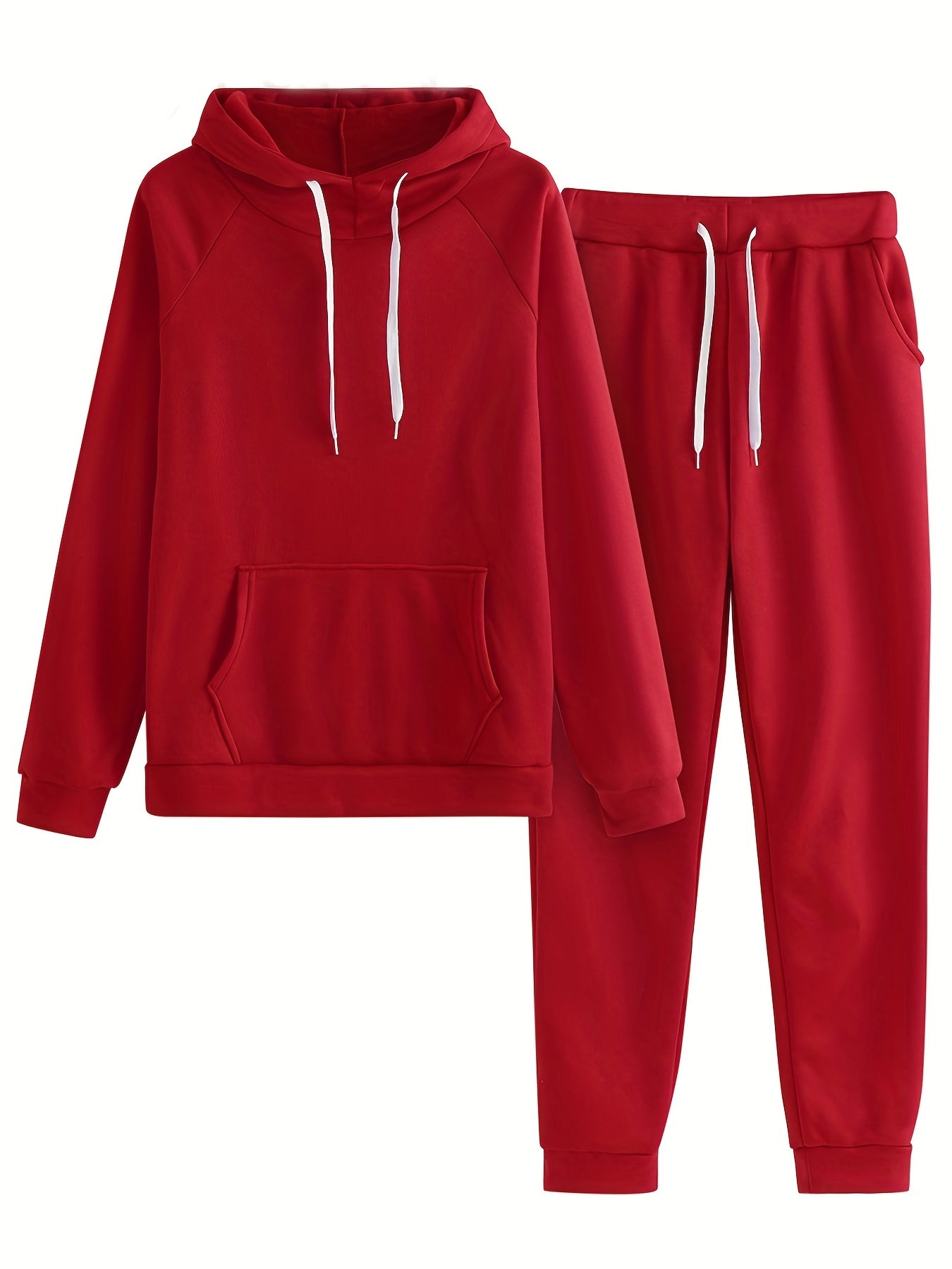 Solid Two-piece Set, Hoodie & Drawstring Pants