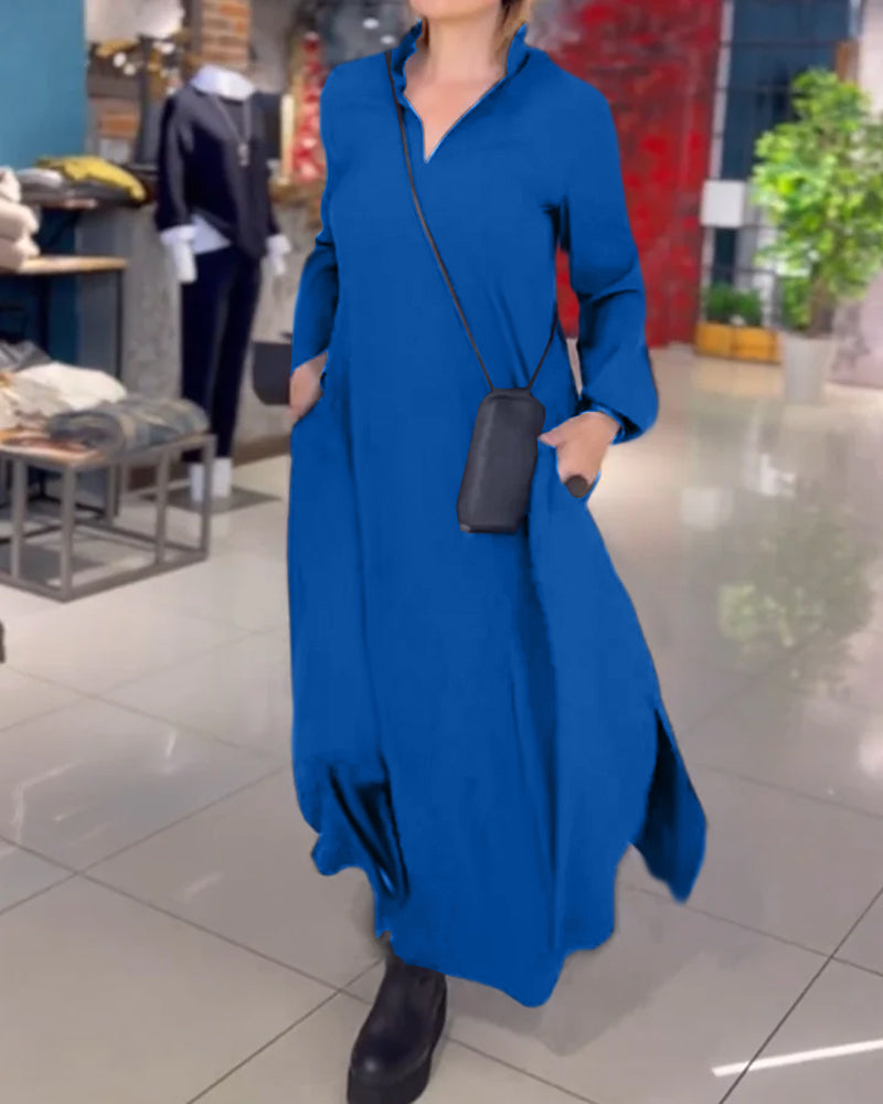 Zoe™ - Vestido longo solto com lapela de fenda lateral
