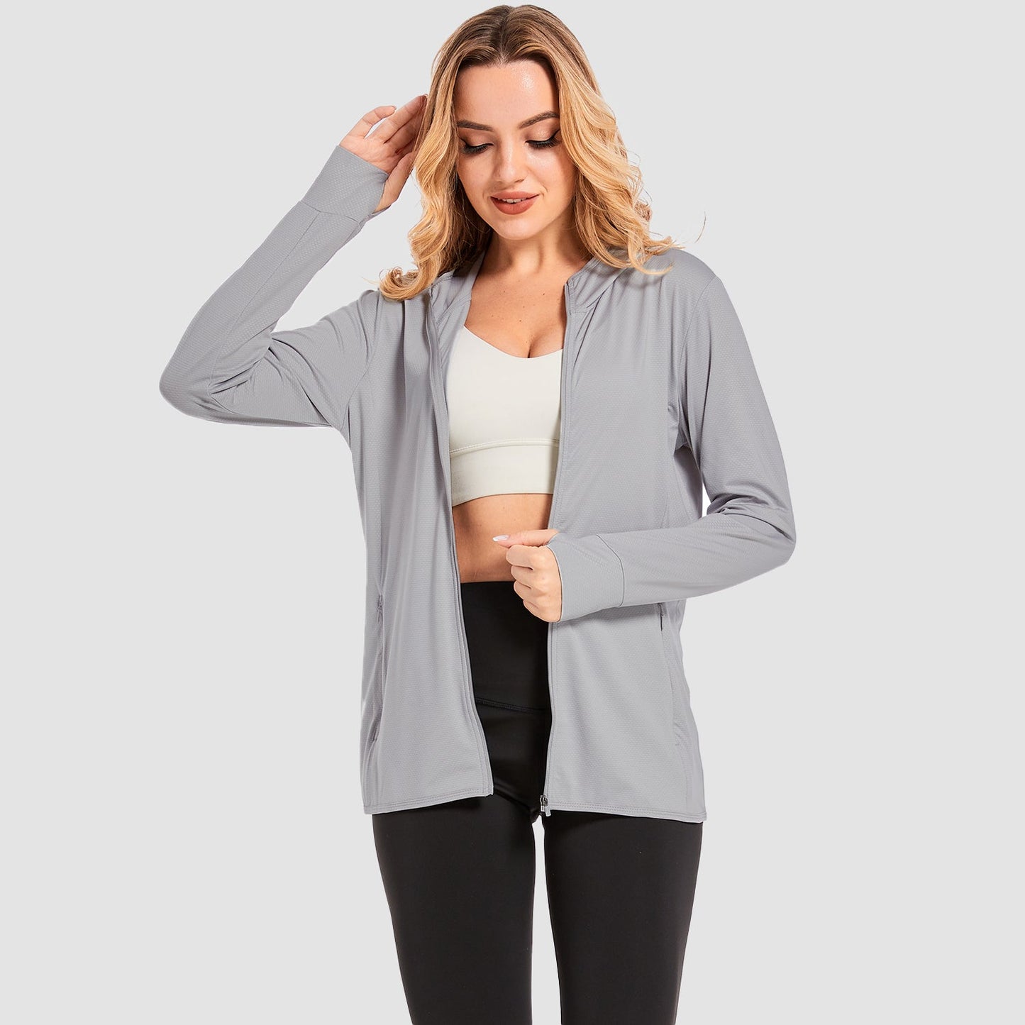 Damen UV-Sonnenschutzmantel, Hemden, langärmelig, schnelltrocknend, für Workout, Wandern, sportlich, leichte Pufferjacke mit Kapuze