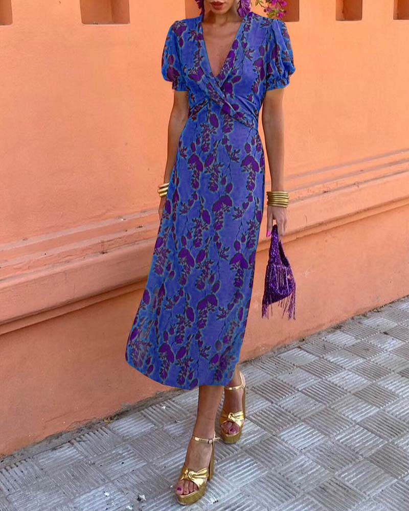 Aria™ - Vestido elegante com decote em V profundo e padrão de folhas