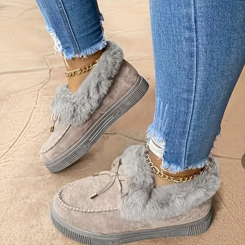 Pelzige Schneestiefel für Damen – Schleife, Plüschfutter, warme flache Stiefeletten