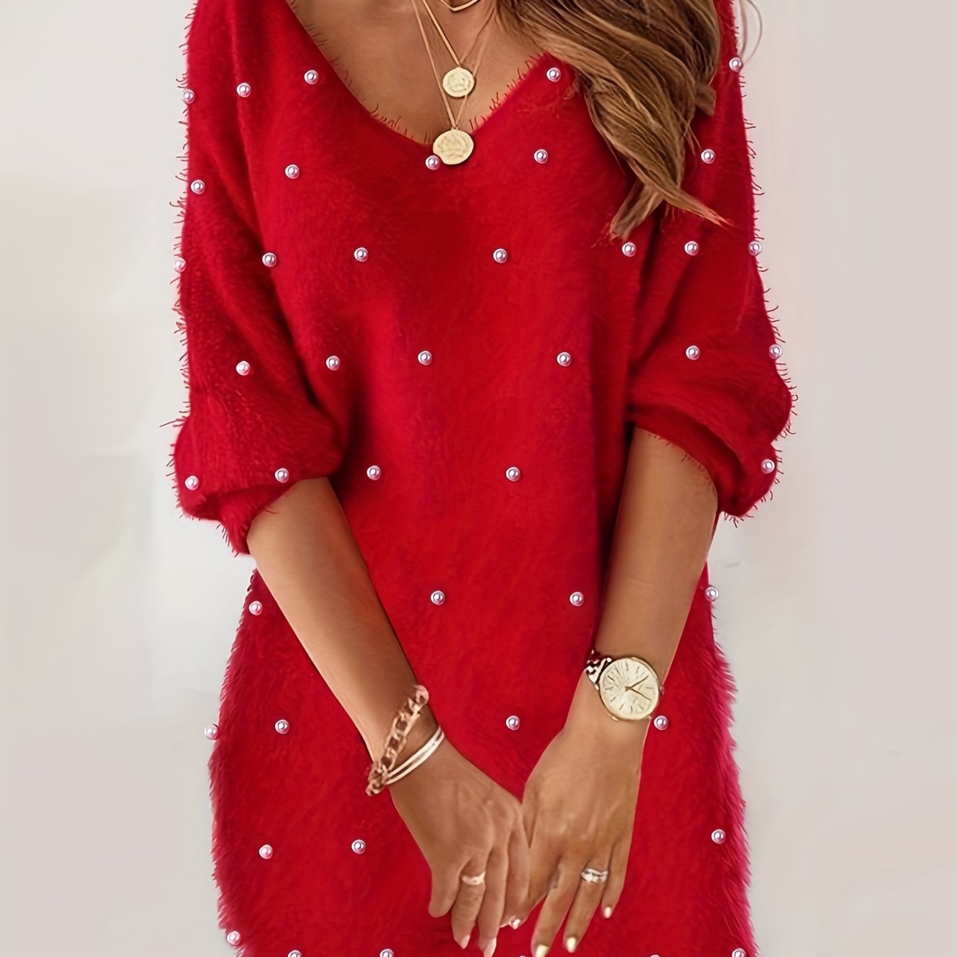 Vestido blusa feminino de poliéster com decote em V, elegante e semitransparente, para todas as estações.