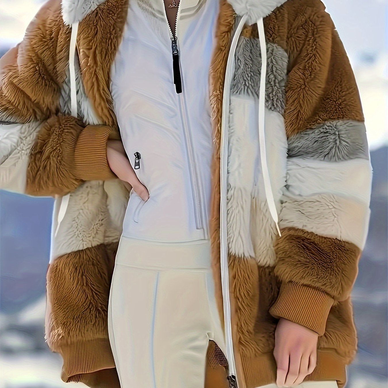 Color Block Fuzzy Hooded Coat, Casual Winter Outerwear.