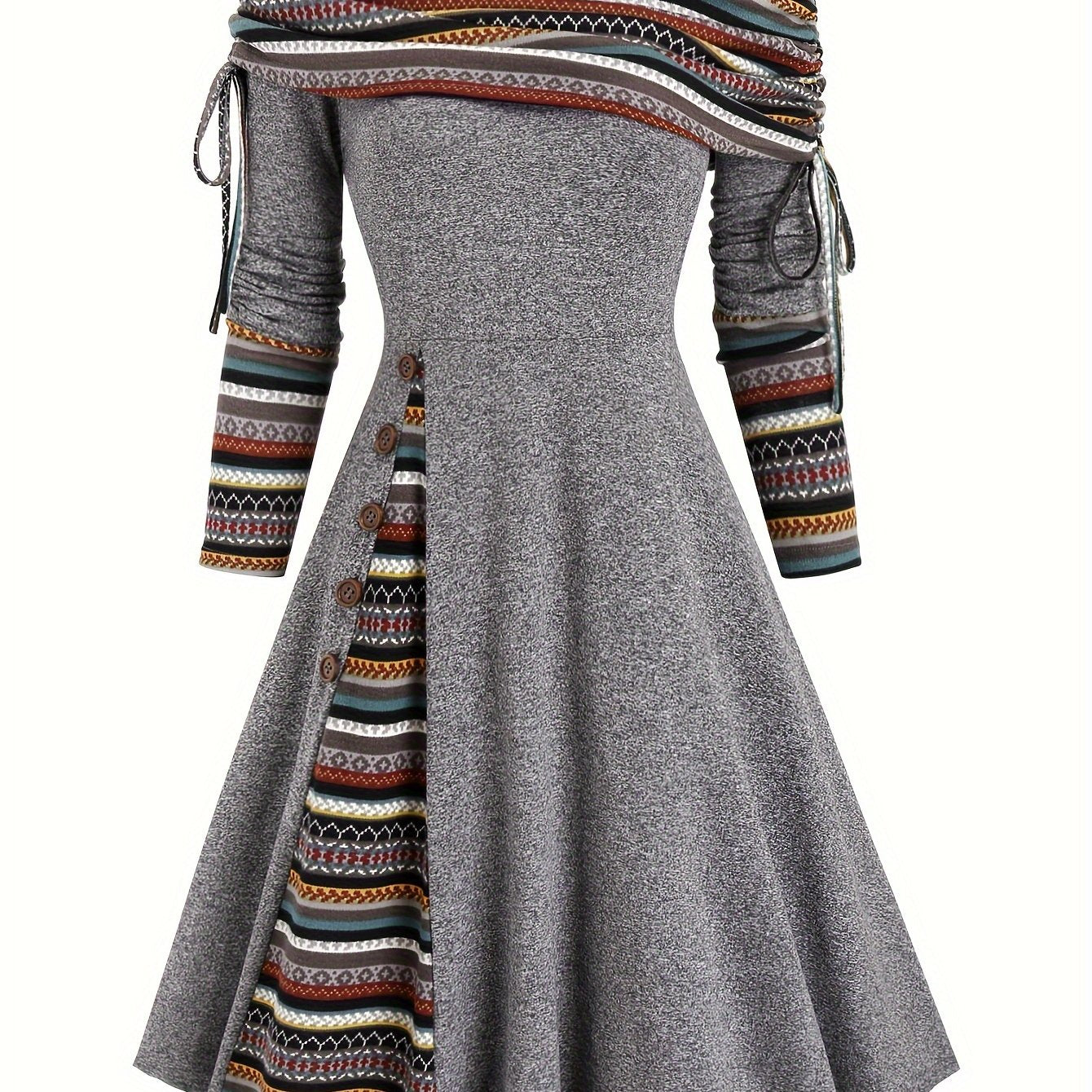 Ethnic Striped Off-Shoulder Dress with Drawstring.