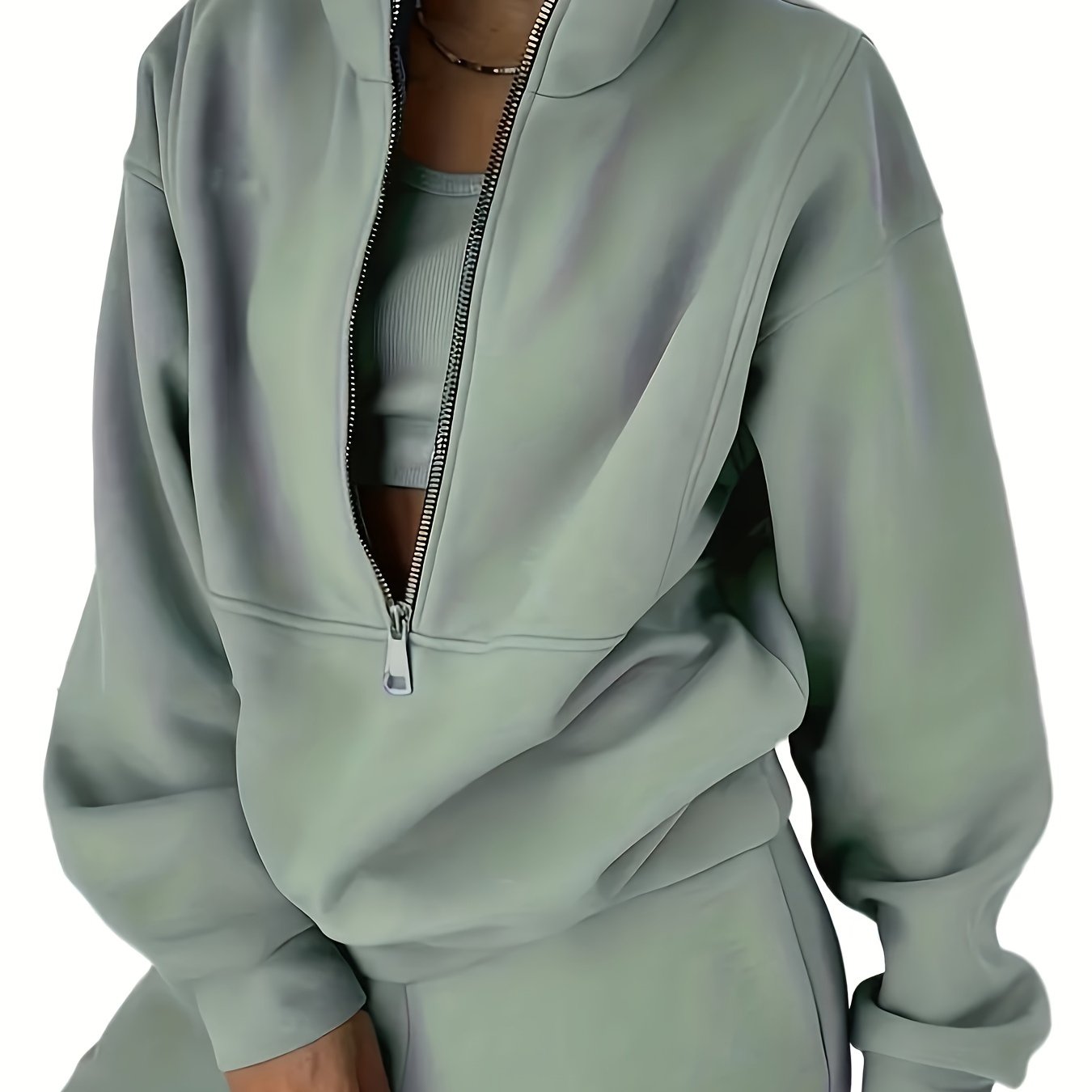 Solid Two-piece Set, Zip Front Sweatshirt & Elastic Waist Pants
