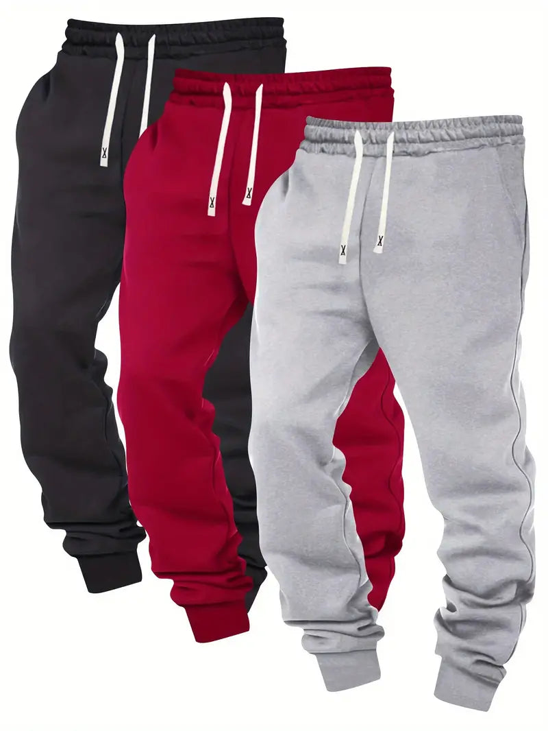 3pcs Men's Joggers - Solid Color, Drawstring Waist, Casual Athletic Sweatpants
