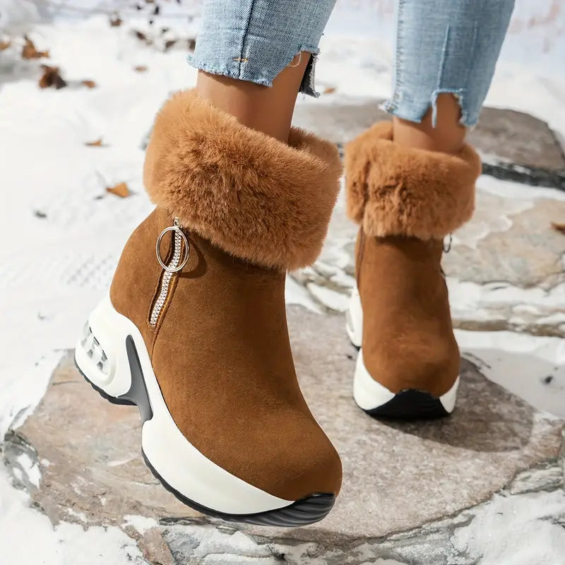 Plateau-Stiefeletten für Damen – glatter Reißverschluss, klobiger Stil, Plüschfutter
