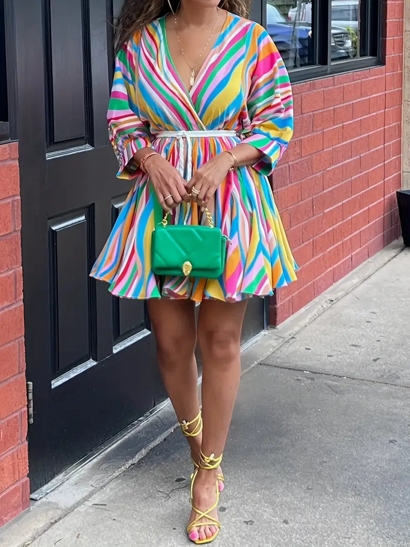 Colorful Striped V-Neck Belted A-Line Dress – Long Sleeve, Machine Washable, Vibrant Streetwear