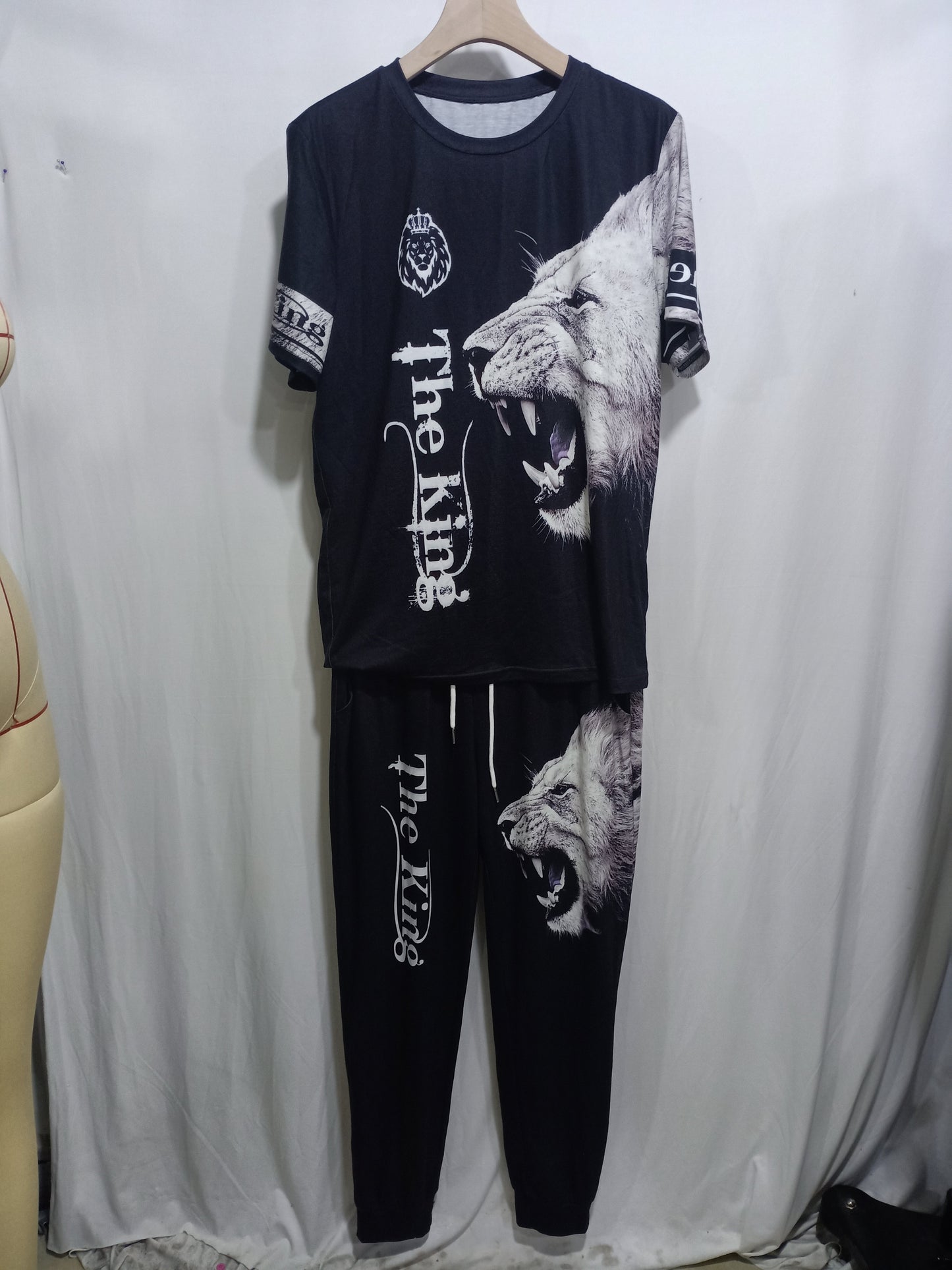 Men's 3D Lion Print Activewear Set, Tee & Pants