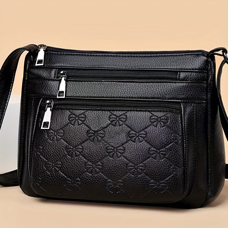 Bolsa acolchoada crossbody - couro sintético, cor sólida, enfeite de borla, fecho de zíper