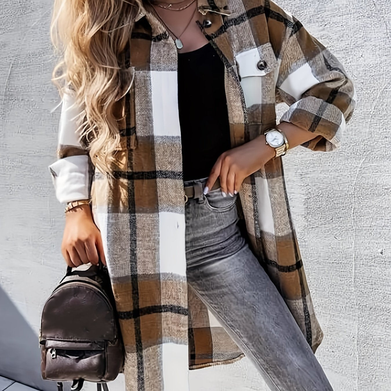 Plaid Print Long Jacket, Casual Button-Front with Flap Pockets.
