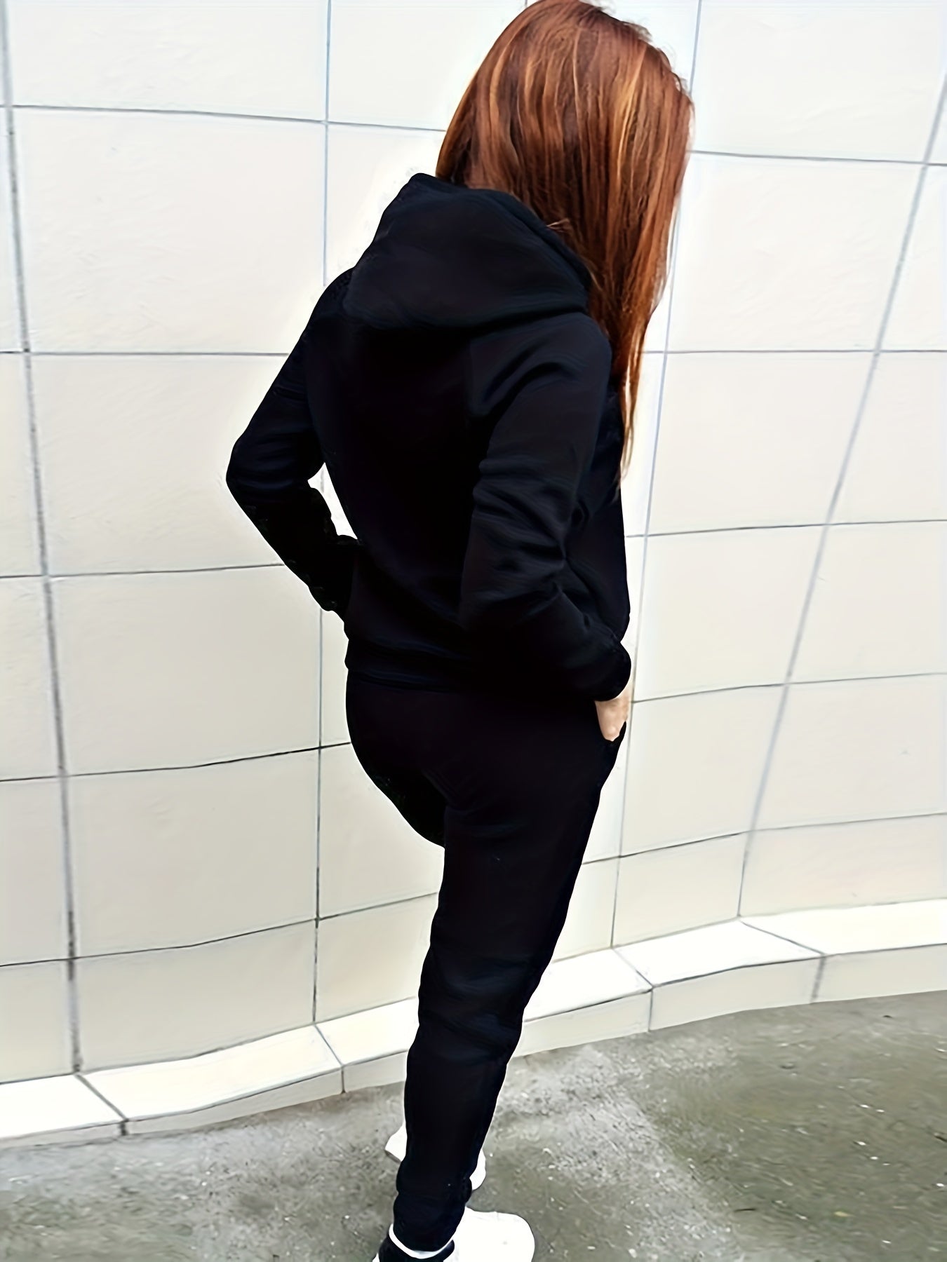 Solid Two-piece Set, Hoodie with Kangaroo Pocket & Drawstring Pants