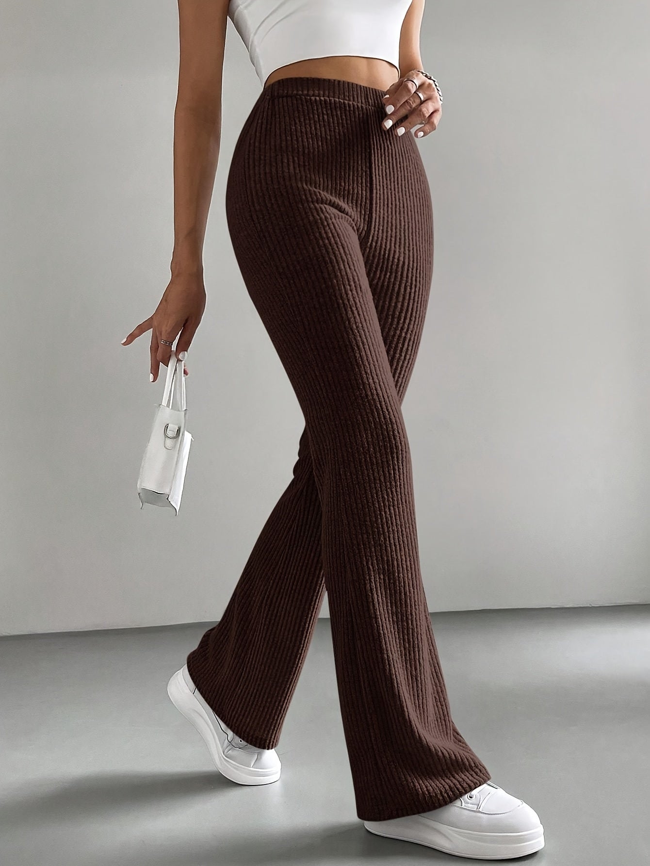 Calça Flare Ribbed de Cor Sólida - Cintura Alta para Primavera e Verão