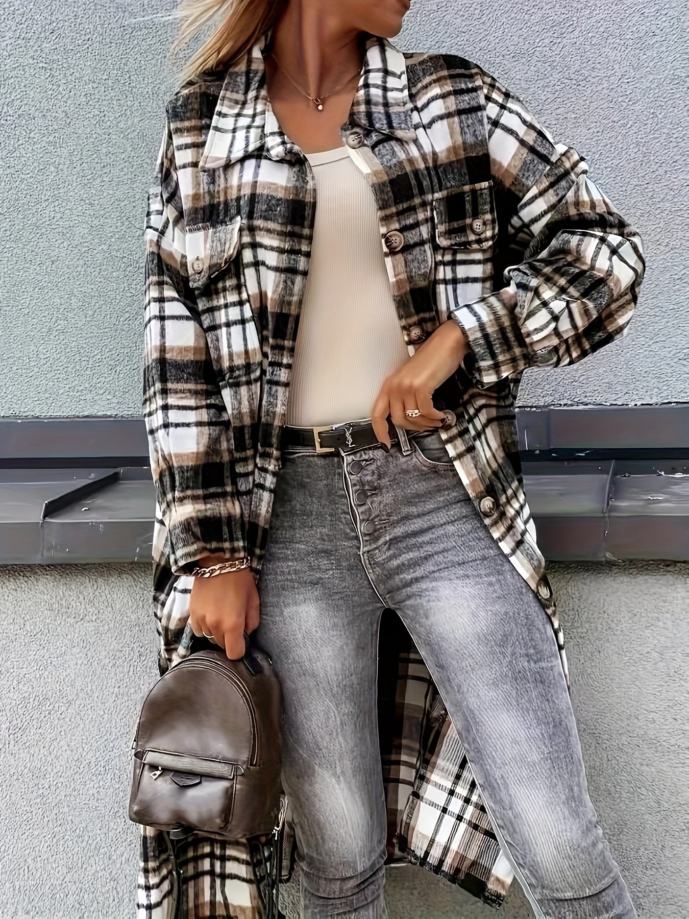 Plaid Print Long Jacket, Casual Button-Front with Flap Pockets.