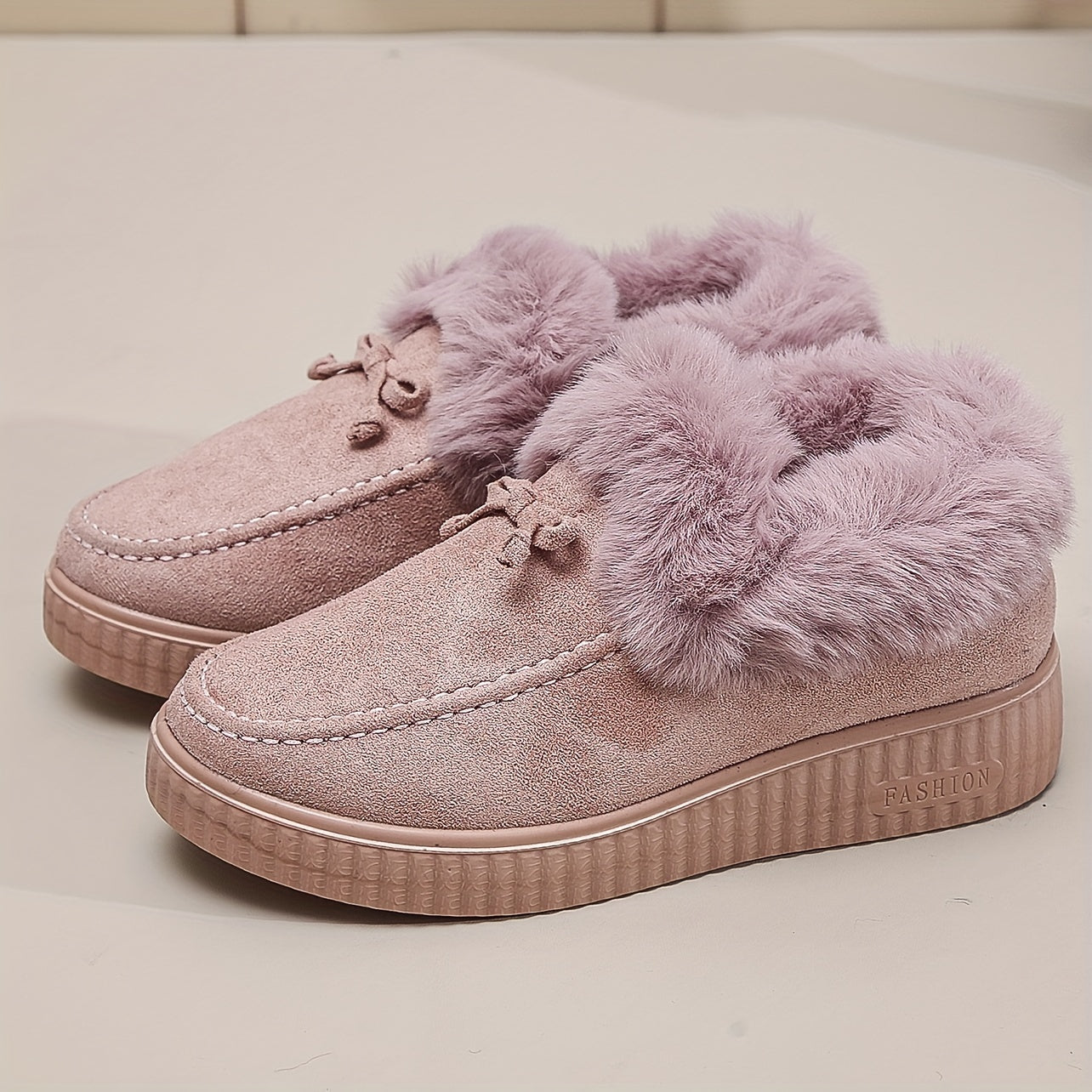Women's Solid Color Boots, Bowknot Decor Round Toe Non-slip Soft Thick Sole Fluffy Velvet Warm Boots, Winter Comfy Shoes