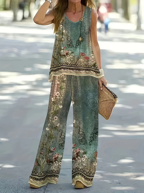 Floral Print Casual Pants Set, Crew Neck Tank Top & Pants Outfits For Summer, Women's Clothing