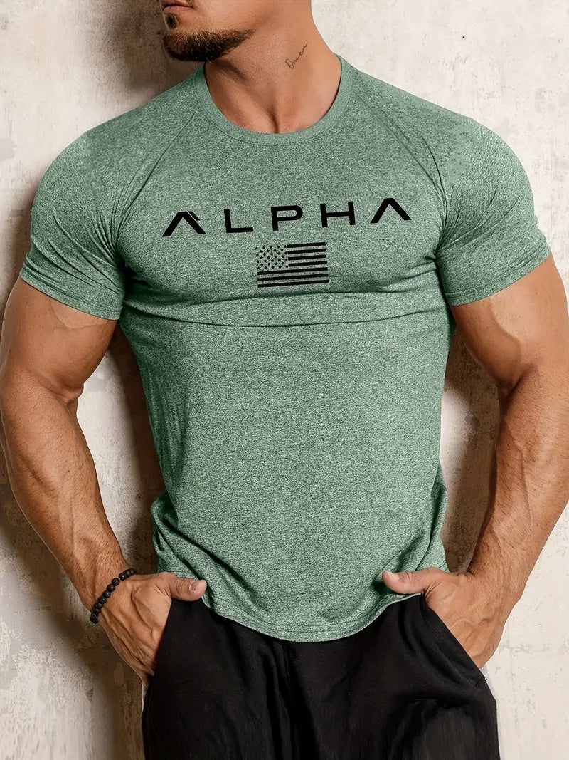Men's Athletic Crew Neck T-Shirt – Quick-Dry, Alphabet Print, Skinny Fit, Short Sleeve